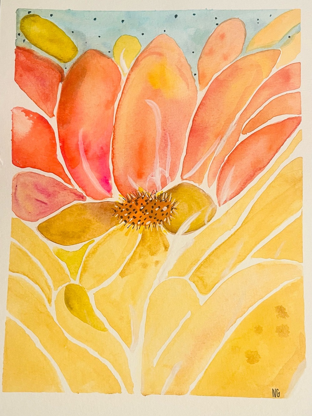 Sunrise Petal Watercolor Floral Art Print - Yellow and Coral
